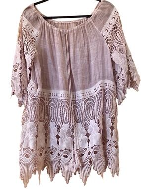 Boho Blush Pink Crochet Lace Tunic Top Peasant Festival Cover Up M/L